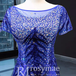 Royal Blue Sparkly Prom Dress Evening Gown with Detachable Train - Rosymae