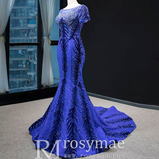 Royal Blue Sparkly Prom Dress Evening Gown with Detachable Train - Rosymae