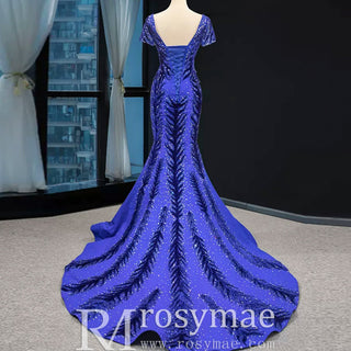 Royal Blue Sparkly Prom Dress Evening Gown with Detachable Train - Rosymae