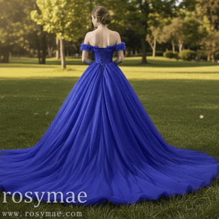 Royal Blue Sparkly Tulle Wedding Gown Off the Shoulder Formal Dress - Rosymae