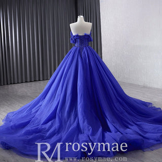 Royal Blue Sparkly Tulle Wedding Gown Off the Shoulder Formal Dress - Rosymae