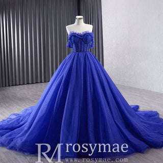 Royal Blue Sparkly Tulle Wedding Gown Off the Shoulder Formal Dress - Rosymae