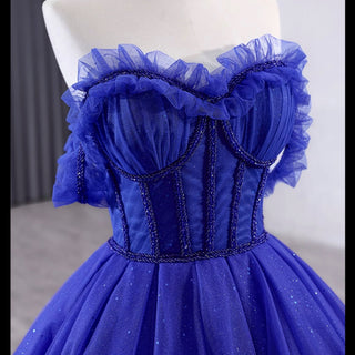 Royal Blue Sparkly Tulle Wedding Gown Off the Shoulder Formal Dress - Rosymae