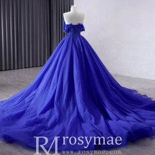 Royal Blue Sparkly Tulle Wedding Gown Off the Shoulder Formal Dress - Rosymae