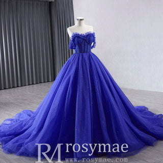 Royal Blue Sparkly Tulle Wedding Gown Off the Shoulder Formal Dress - Rosymae