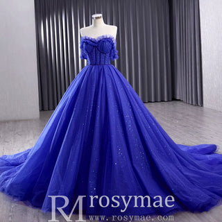 Royal Blue Sparkly Tulle Wedding Gown Off the Shoulder Formal Dress - Rosymae