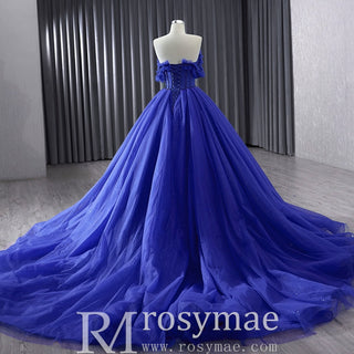 Royal Blue Sparkly Tulle Wedding Gown Off the Shoulder Formal Dress - Rosymae