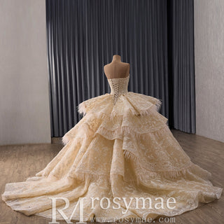 Royal-Style Champagne Ball Gown Wedding Dress with Tiered Ruffled Skirt - Rosymae