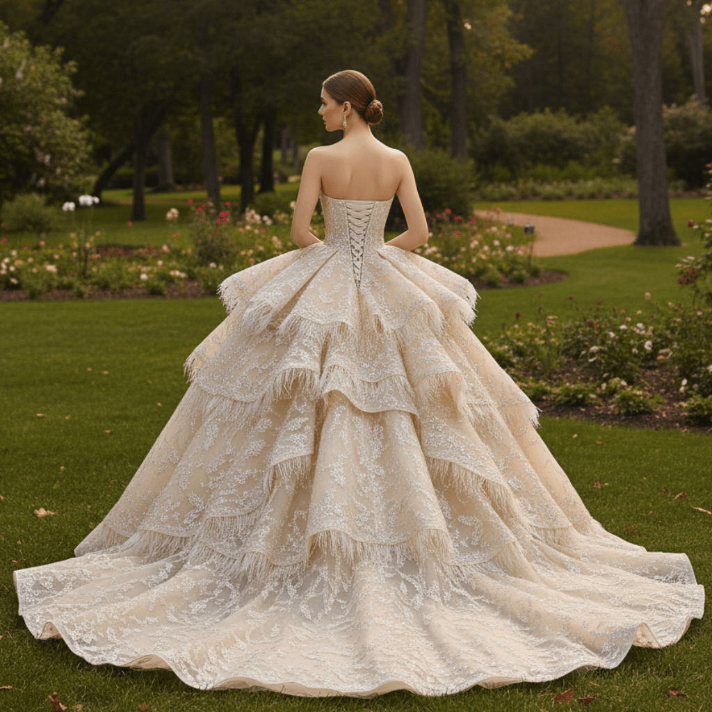 Royal-Style Champagne Ball Gown Wedding Dress with Tiered Ruffled Skirt - Rosymae