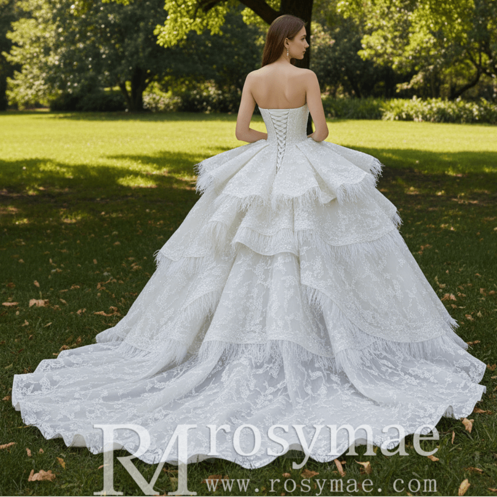 Royal-Style Champagne Ball Gown Wedding Dress with Tiered Ruffled Skirt - Rosymae