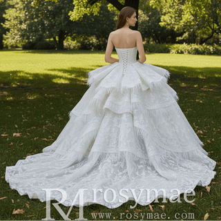Royal-Style Champagne Ball Gown Wedding Dress with Tiered Ruffled Skirt - Rosymae