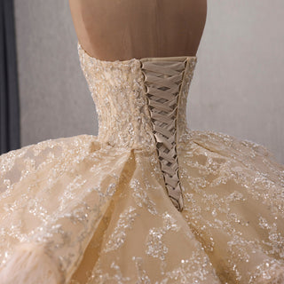Royal-Style Champagne Ball Gown Wedding Dress with Tiered Ruffled Skirt - Rosymae