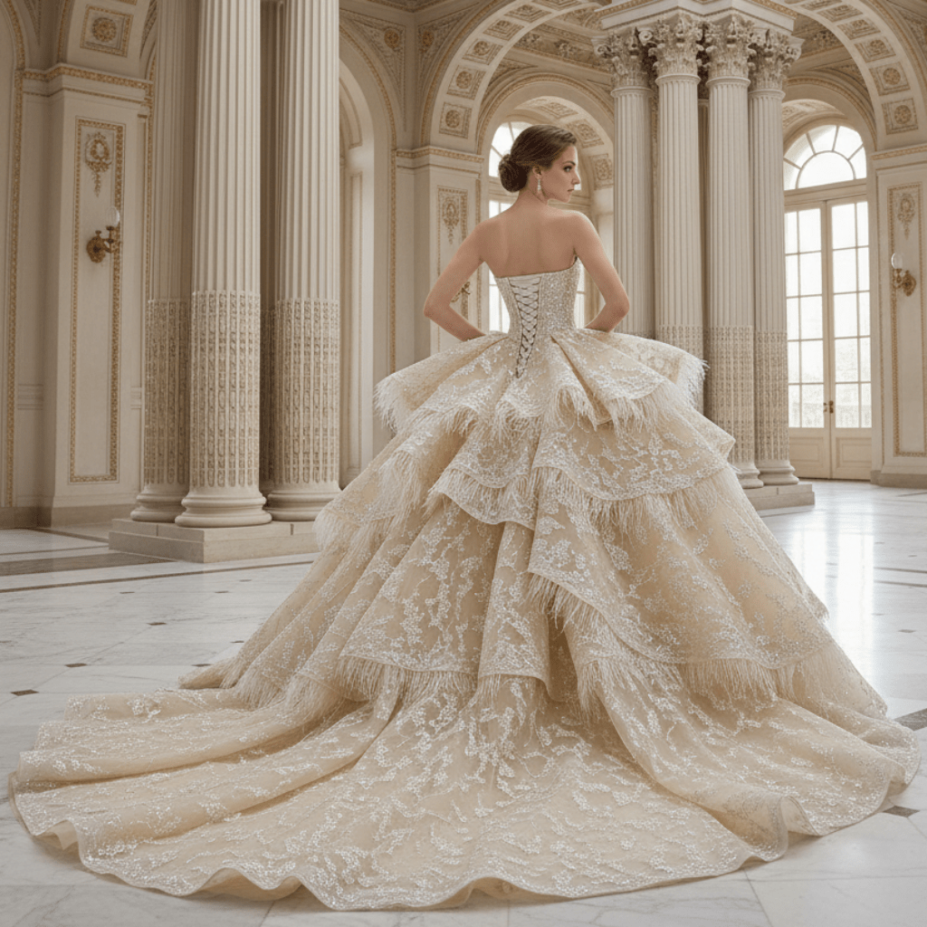 Royal-Style Champagne Ball Gown Wedding Dress with Tiered Ruffled Skirt - Rosymae