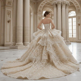 Royal-Style Champagne Ball Gown Wedding Dress with Tiered Ruffled Skirt - Rosymae