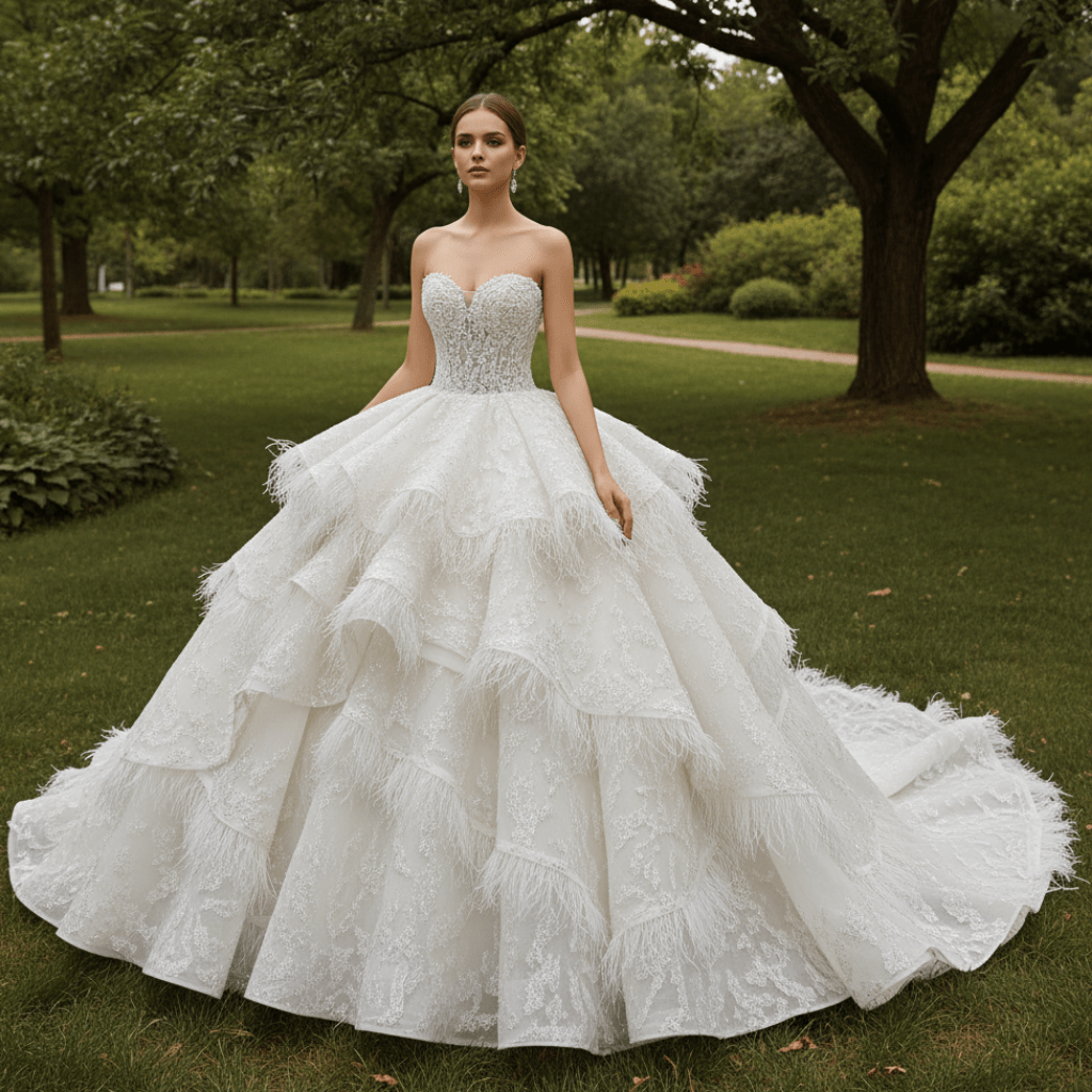 Royal-Style Champagne Ball Gown Wedding Dress with Tiered Ruffled Skirt - Rosymae