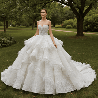 Royal-Style Champagne Ball Gown Wedding Dress with Tiered Ruffled Skirt - Rosymae