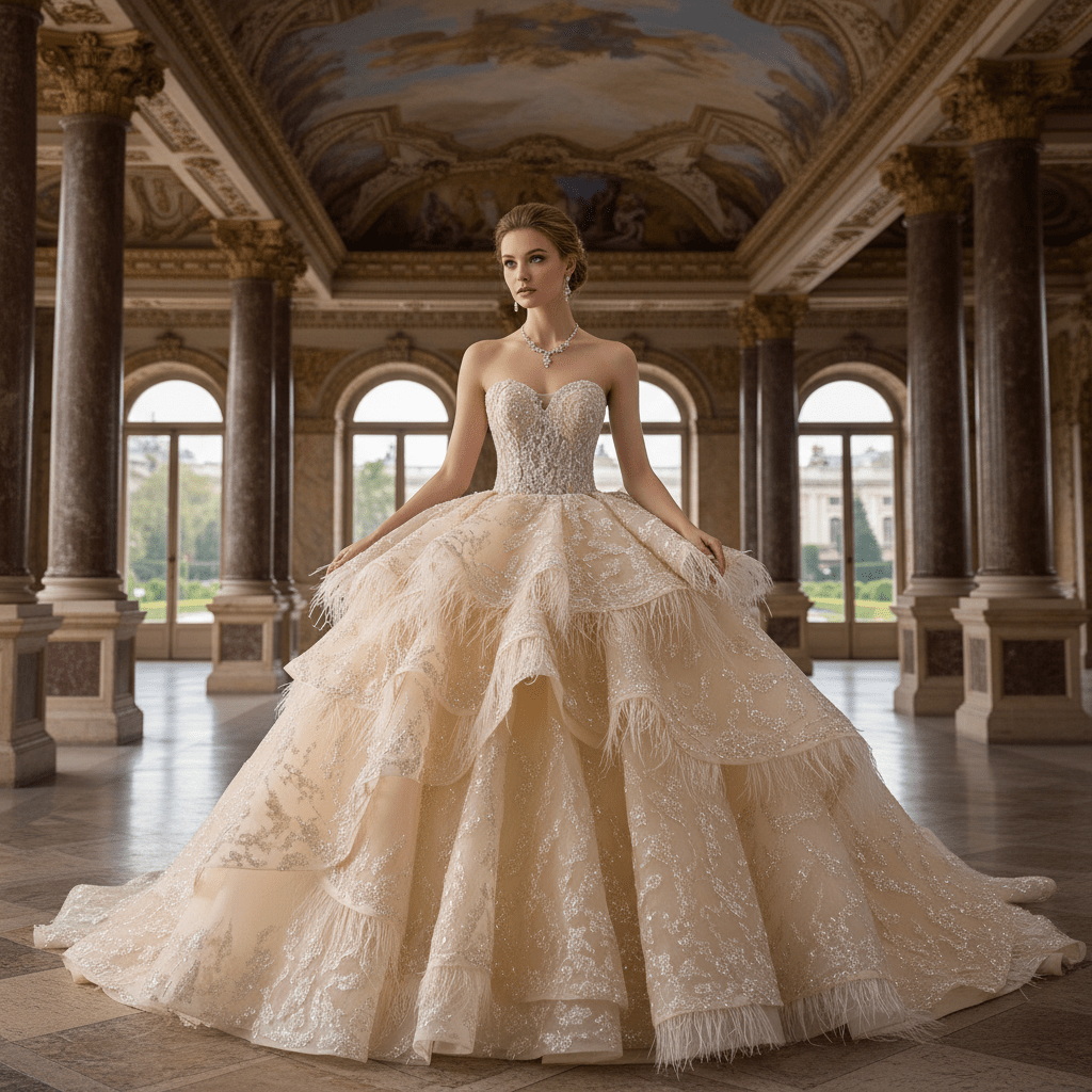 Royal-Style Champagne Ball Gown Wedding Dress with Tiered Ruffled Skirt - Rosymae