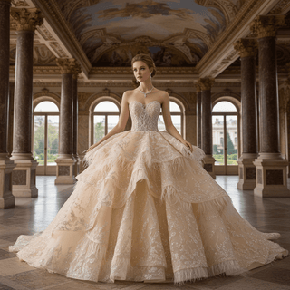 Royal-Style Champagne Ball Gown Wedding Dress with Tiered Ruffled Skirt - Rosymae