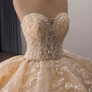 Royal-Style Champagne Ball Gown Wedding Dress with Tiered Ruffled Skirt - Rosymae