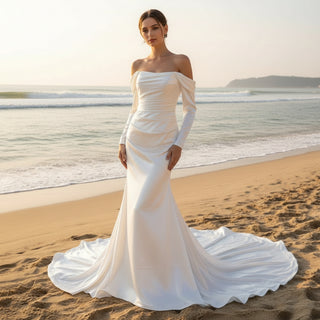 Off the Shoulder Long Sleeve Simple Ruched Wedding Dress Plus Size