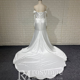 Off the Shoulder Long Sleeve Simple Ruched Wedding Dress Plus Size