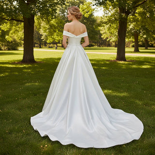 Ruched Satin Lace A-line Wedding Dresses with Off Shoulder - Rosymae