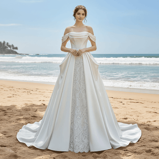 Ruched Satin Lace A-line Wedding Dresses with Off Shoulder - Rosymae