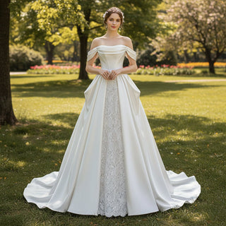 Ruched Satin Lace A-line Wedding Dresses with Off Shoulder - Rosymae