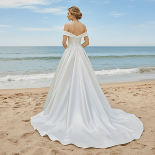 Ruched Satin Lace A-line Wedding Dresses with Off Shoulder - Rosymae