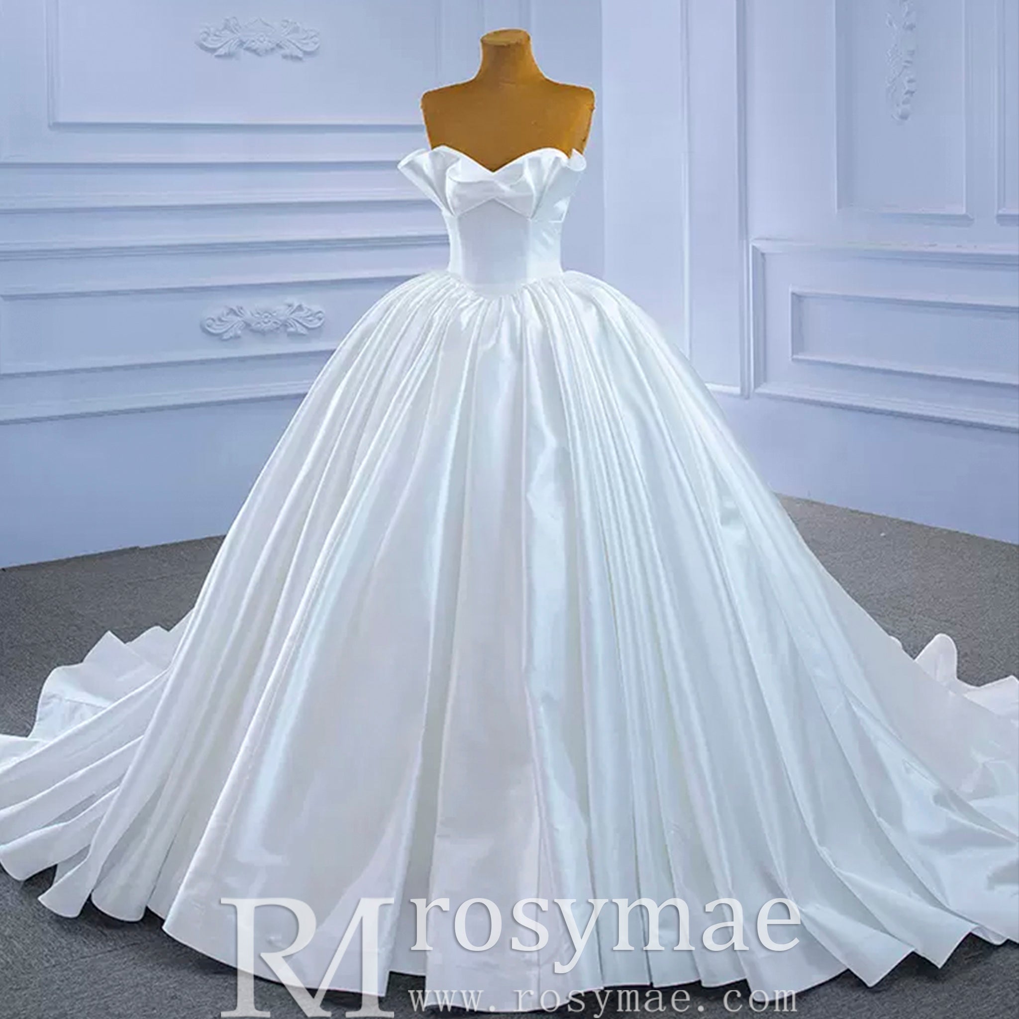 Ruched Satin Strapless Puffy Wedding Dress Luxury Bridal Gowns - Rosymae