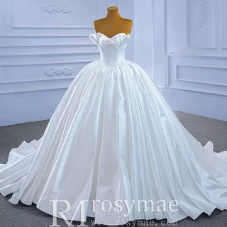 Ruched Satin Strapless Puffy Wedding Dress Luxury Bridal Gowns - Rosymae