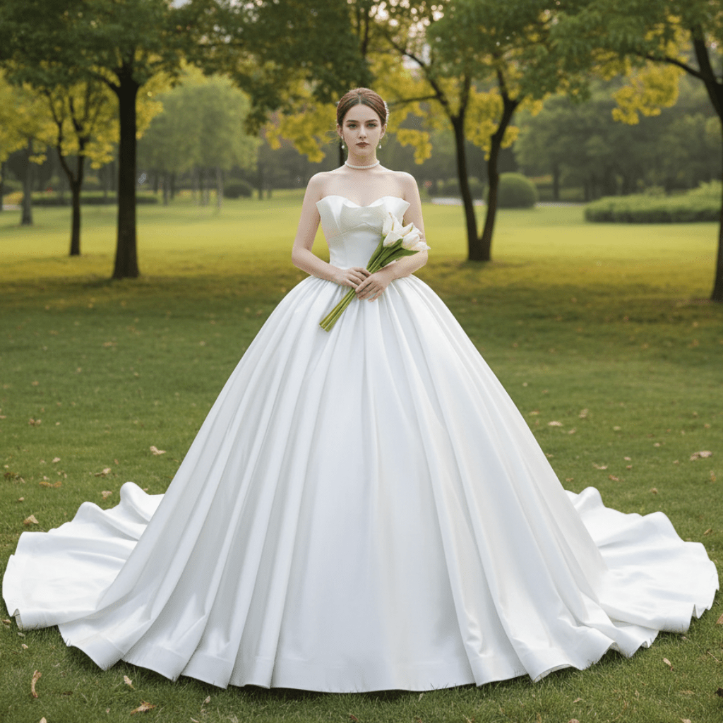 Ruched Satin Strapless Puffy Wedding Dress Luxury Bridal Gowns - Rosymae