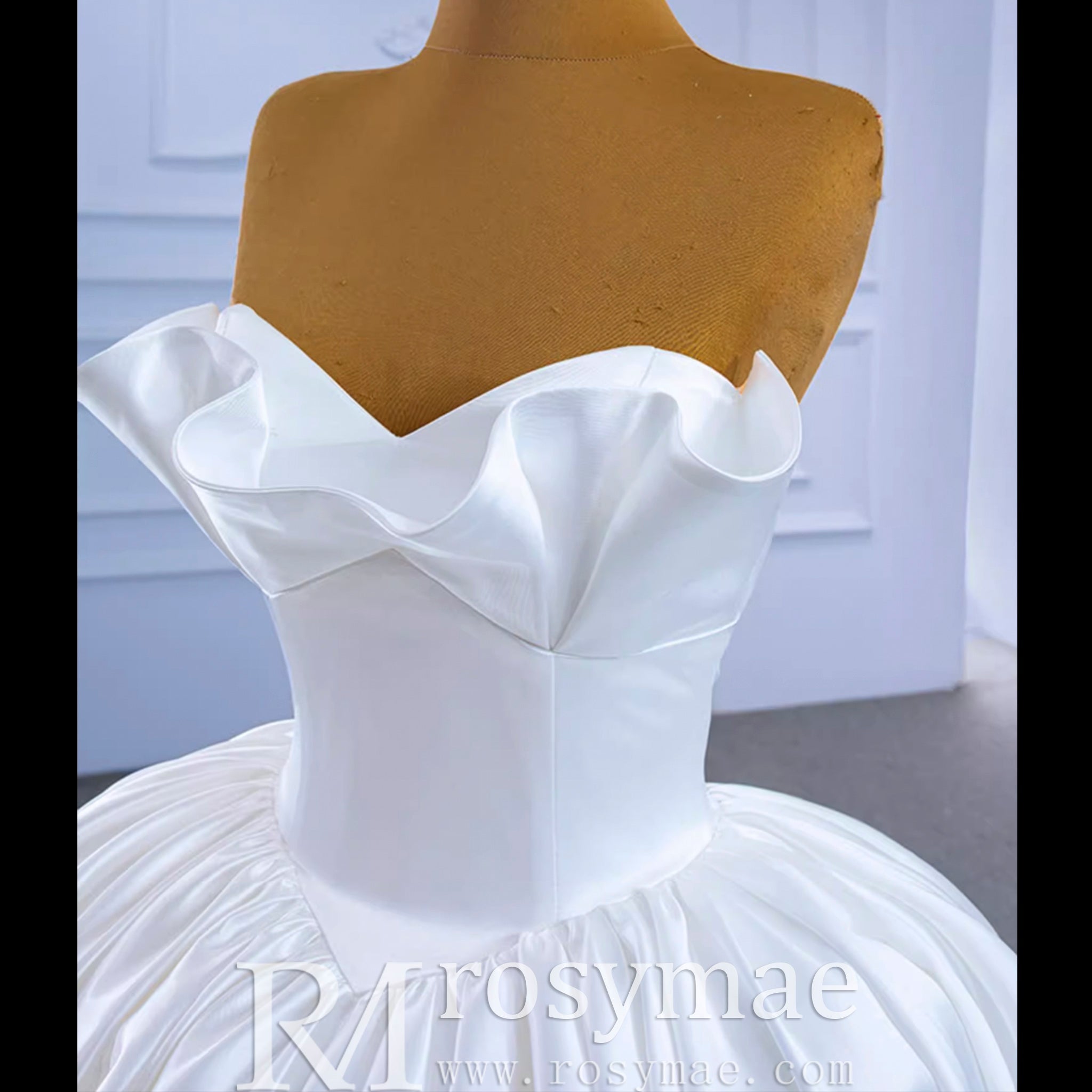 Ruched Satin Strapless Puffy Wedding Dress Luxury Bridal Gowns - Rosymae