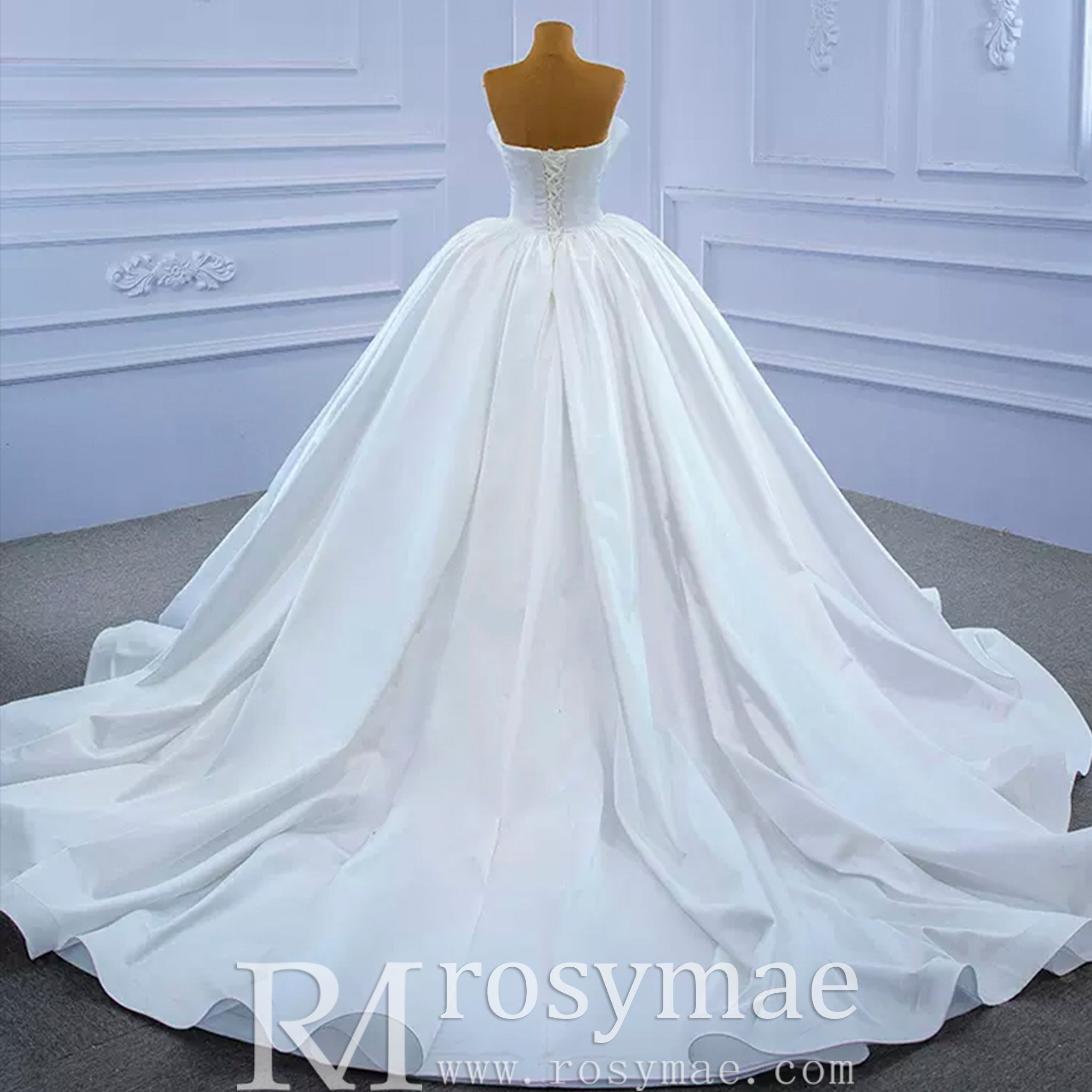 Ruched Satin Strapless Puffy Wedding Dress Luxury Bridal Gowns - Rosymae