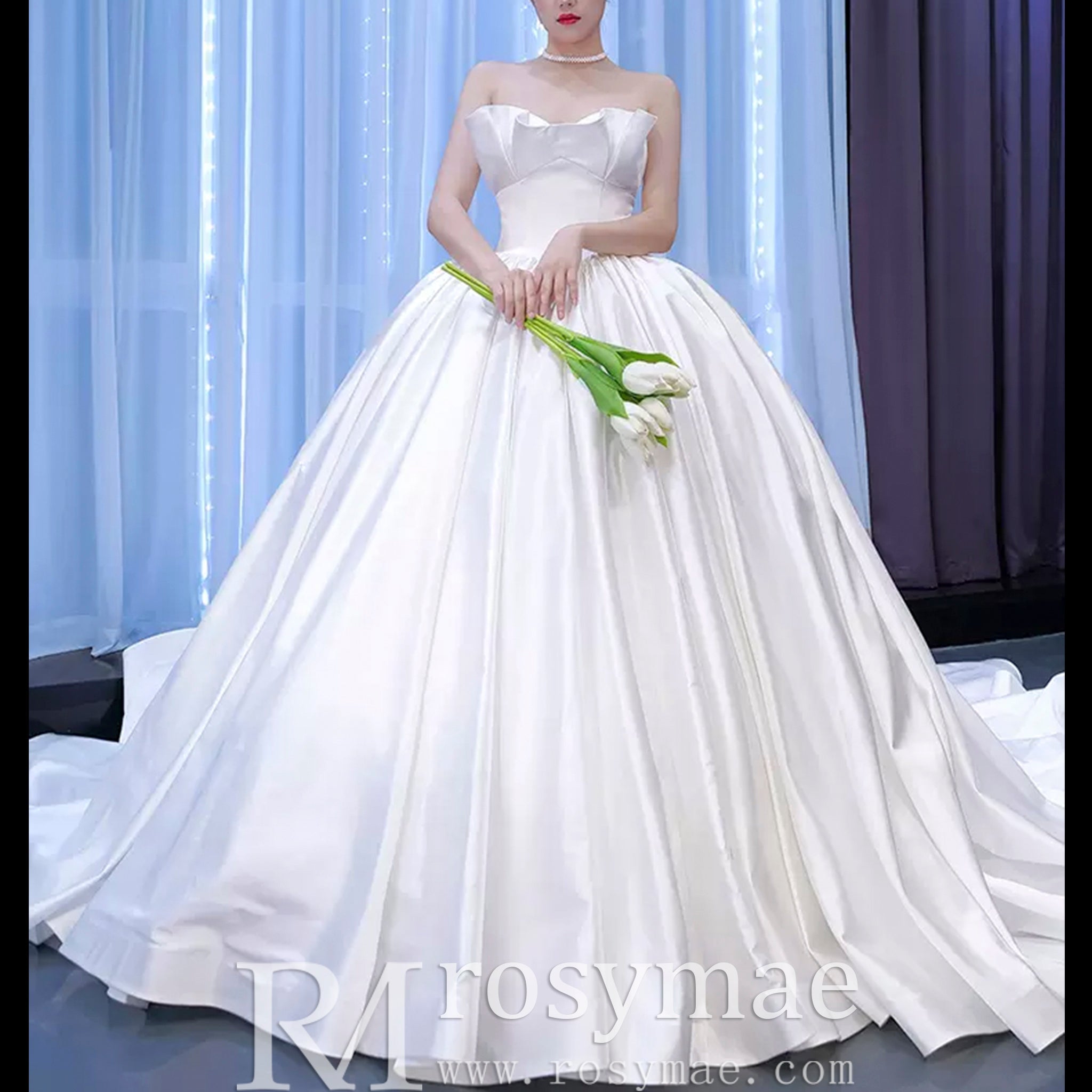Ruched Satin Strapless Puffy Wedding Dress Luxury Bridal Gowns - Rosymae
