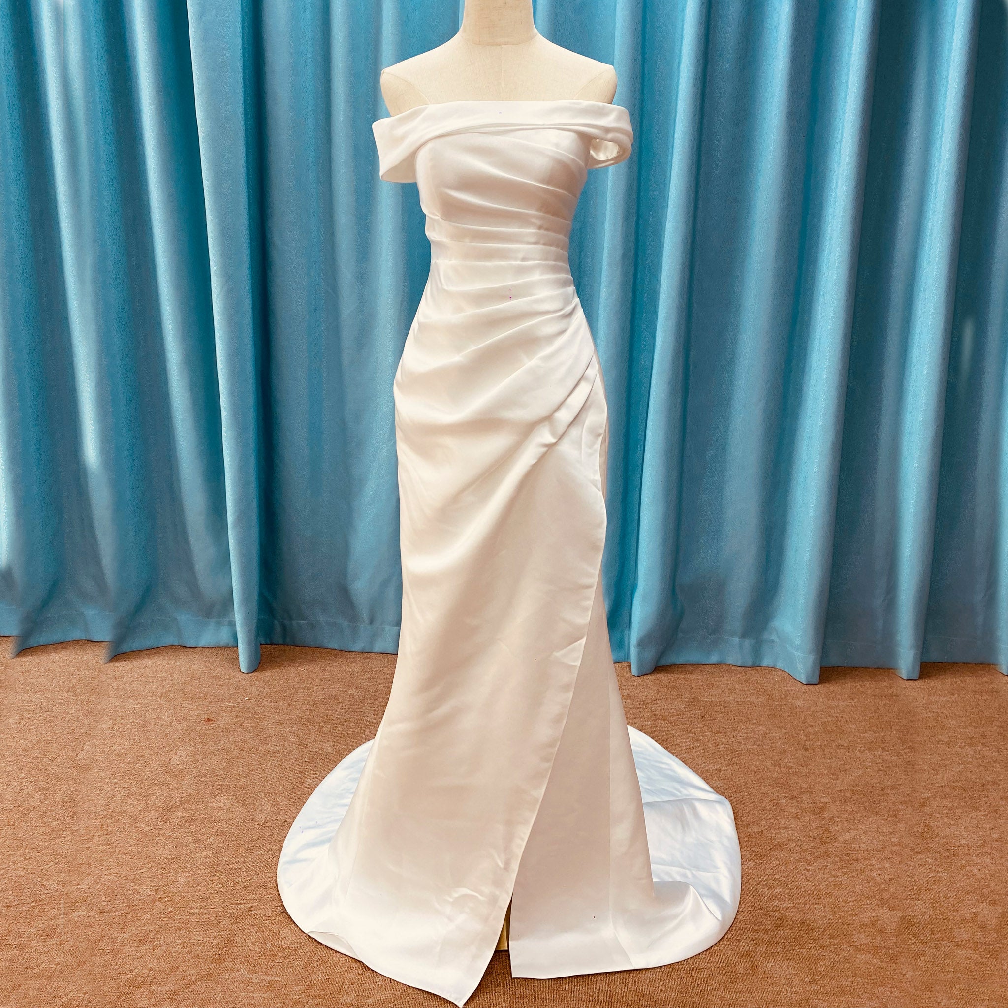 Simple Off Shoulder Ruched Satin Mermaid Wedding Dress with Leg Slit Ivory / 0 Simple Off Shoulder Ruched Satin Mermaid Wedding Dress with Leg Slit Ivory / 0