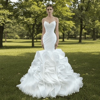 Ruched Strapless Vneck Mermaid Wedding Dress with Ruffle Skirt - Rosymae