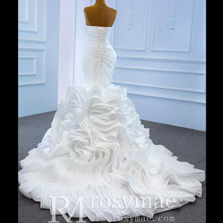 Ruched Strapless Vneck Mermaid Wedding Dress with Ruffle Skirt - Rosymae