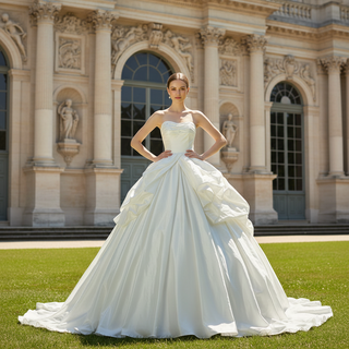 Strapless Curve Neck Ruffle Taffeta Ballgown Bridal Wedding Dress