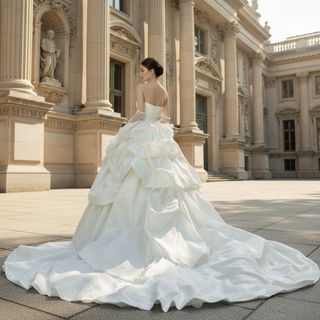 Strapless Curve Neck Ruffle Taffeta Ballgown Bridal Wedding Dress