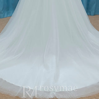 Capped Short Sleeve A-line Tulle Wedding Dress with Vneck