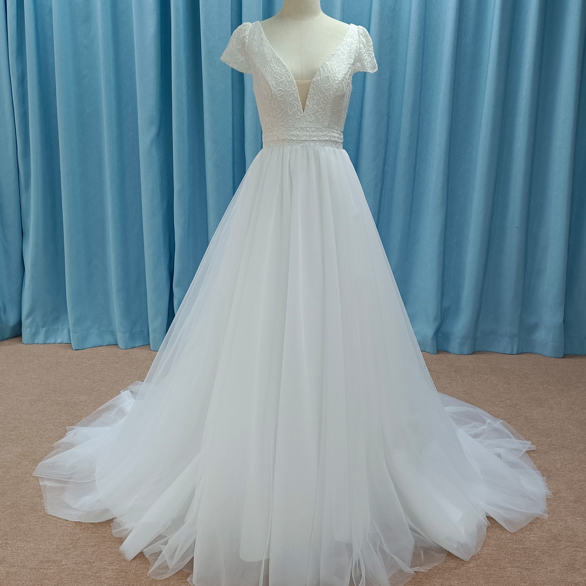 Lightweight Flowy Capped Short Sleeve A-line Tulle Wedding Dress with Vneck White / 22W Lightweight Flowy Capped Short Sleeve A-line Tulle Wedding Dress with Vneck White / 22W