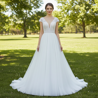 Lightweight Flowy Capped Short Sleeve A-line Tulle Wedding Dress with Vneck