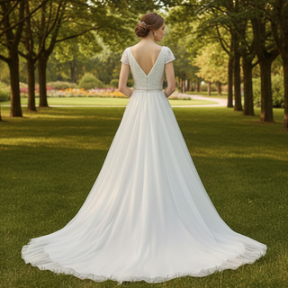 Lightweight Flowy Capped Short Sleeve A-line Tulle Wedding Dress with Vneck