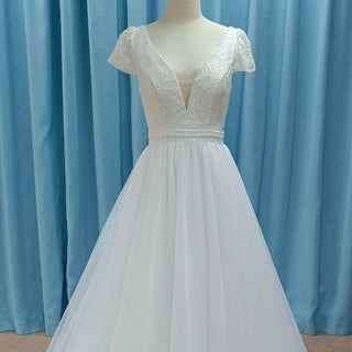 Capped Short Sleeve A-line Tulle Wedding Dress with Vneck