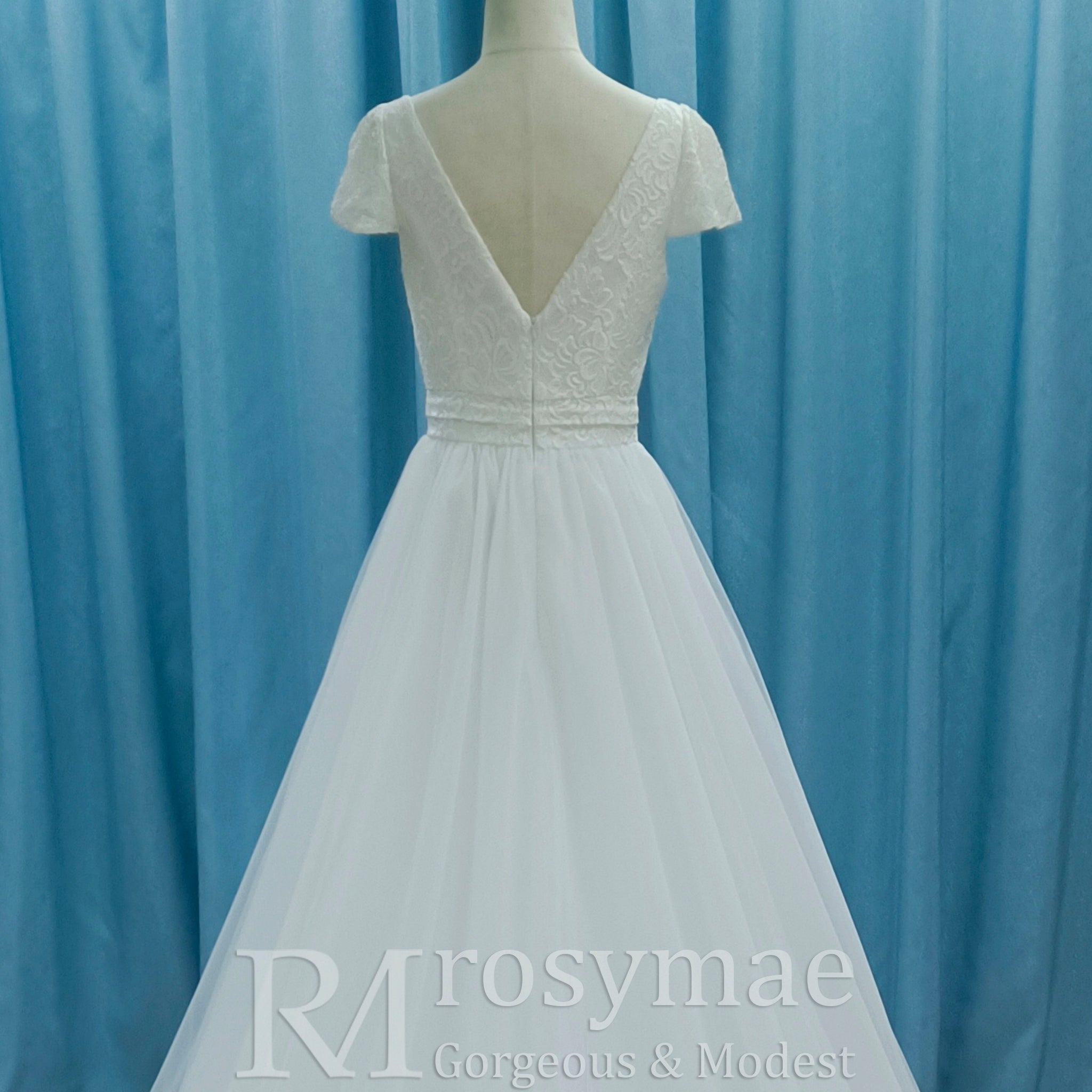 Lightweight Flowy Capped Short Sleeve A-line Tulle Wedding Dress with Vneck White / 22W Lightweight Flowy Capped Short Sleeve A-line Tulle Wedding Dress with Vneck White / 22W