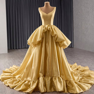 Ruffle A-line V-neck Empire Waist Gold Wedding Dress with Tank Top - Rosymae