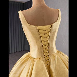 Ruffle A-line V-neck Empire Waist Gold Wedding Dress with Tank Top - Rosymae