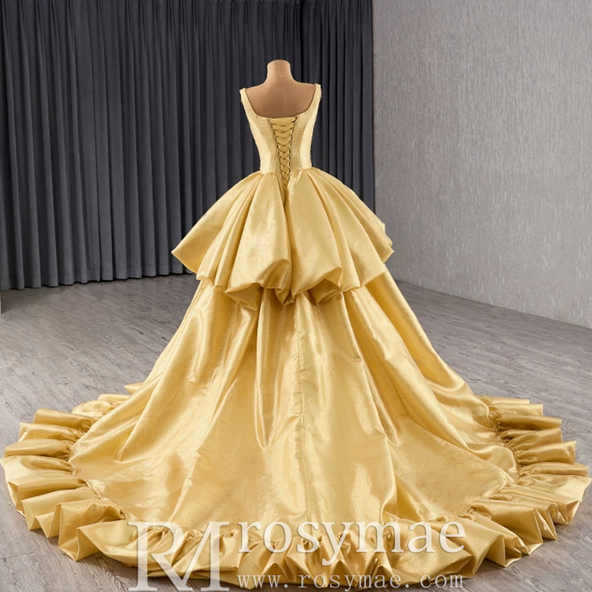 Ruffle A-line V-neck Empire Waist Gold Wedding Dress with Tank Top - Rosymae