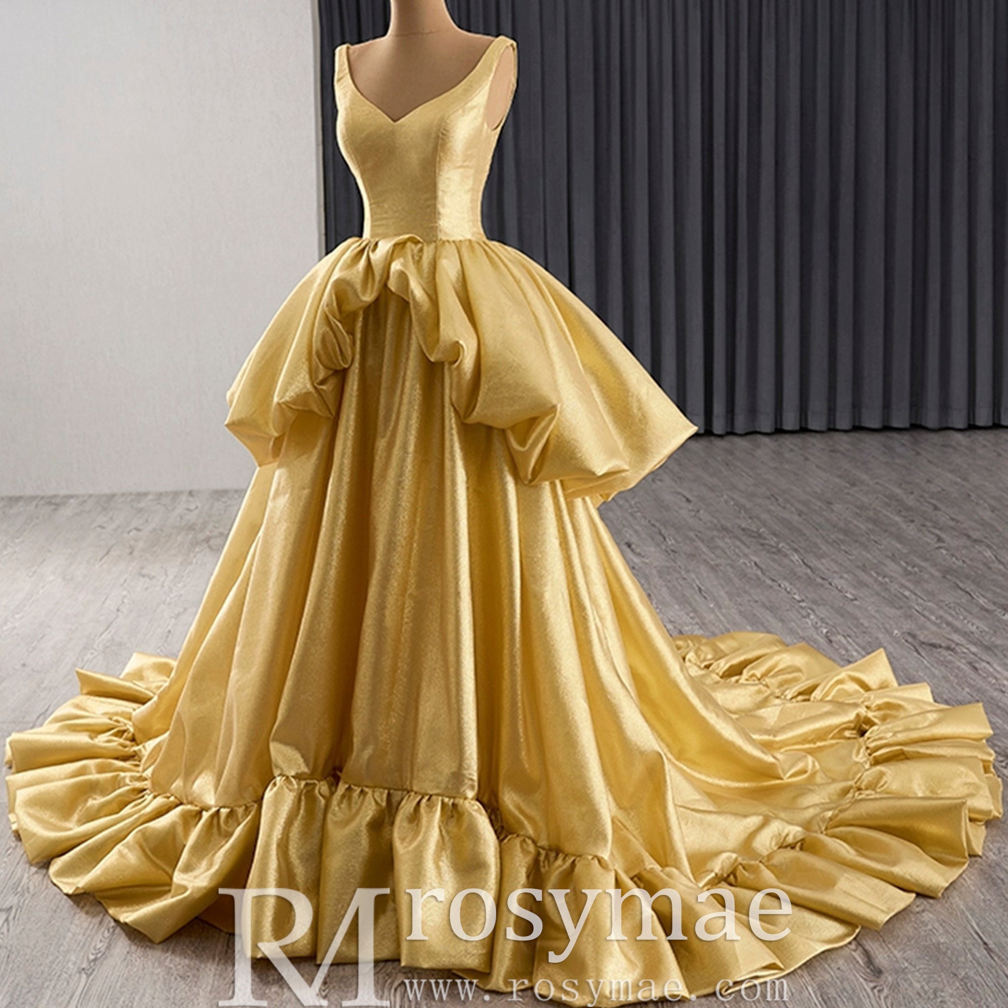 Ruffle A-line V-neck Empire Waist Gold Wedding Dress with Tank Top - Rosymae